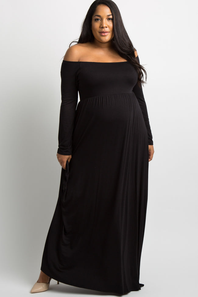 PinkBlush Black Solid Off Shoulder Plus Maternity Maxi Dress