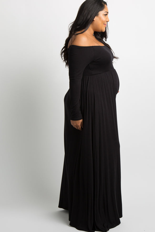 PinkBlush Black Solid Off Shoulder Plus Maternity Maxi Dress