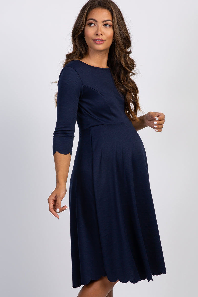 PinkBlush Petite Navy Solid Scalloped Hem Maternity Dress