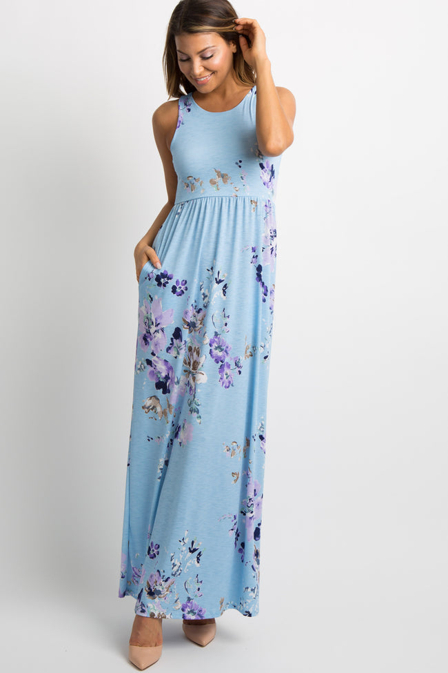 PinkBlush Aqua Floral Sleeveless Maternity Maxi Dress