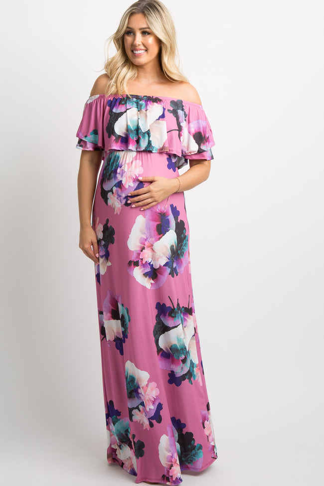 Pink Floral Ruffle Off Shoulder Maternity Maxi Dress – PinkBlush