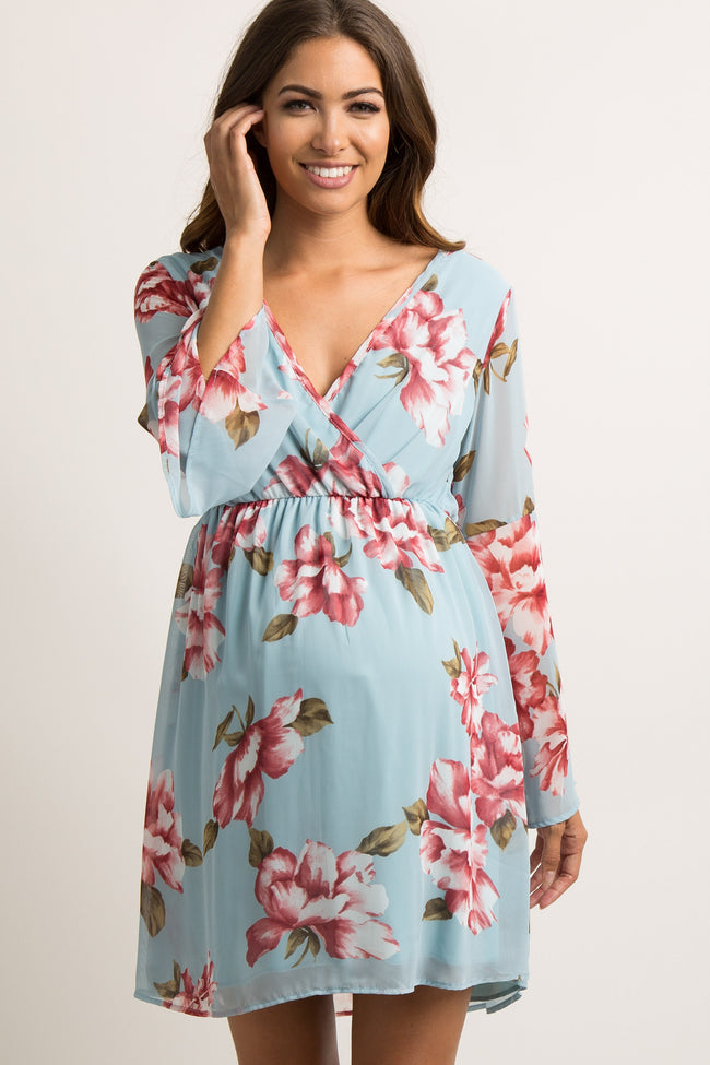 PinkBlush Light Blue Floral Chiffon Wrap Maternity Dress