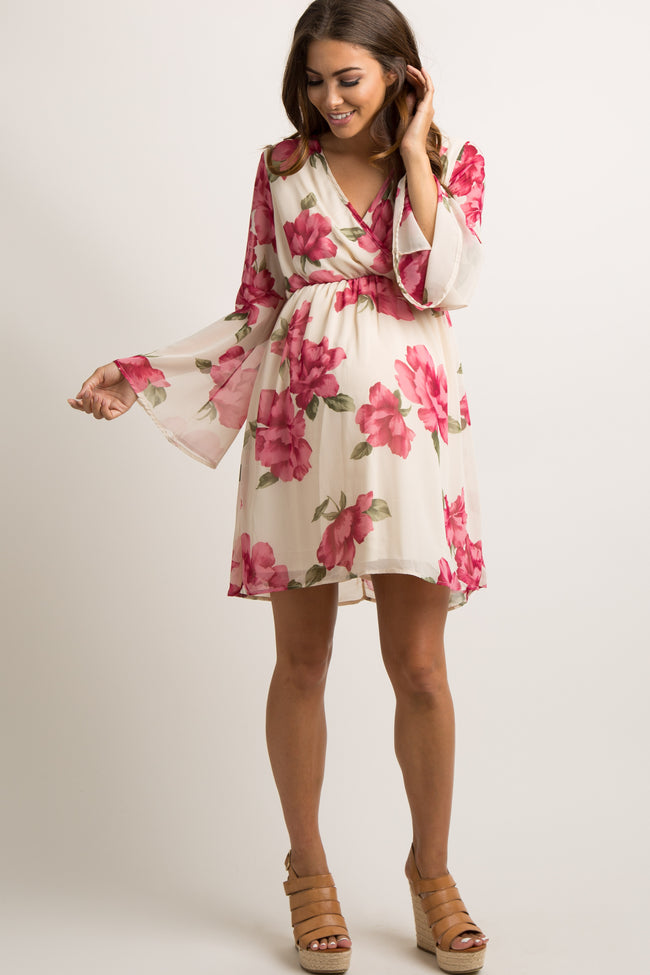 Pinkblush Ivory Floral Chiffon Wrap Maternity Dress