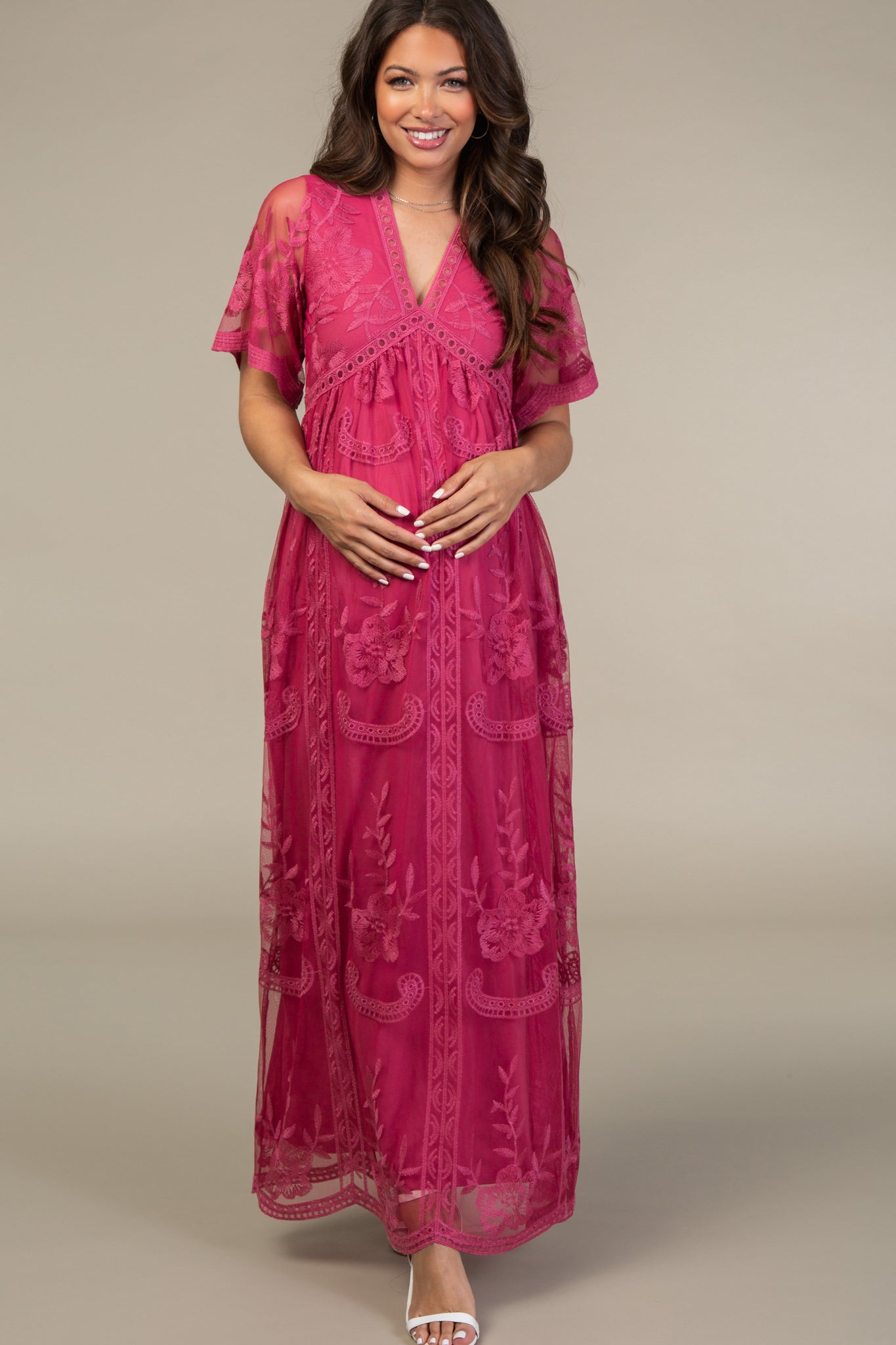 Pinkblush Magenta Lace Mesh Overlay Maternity Maxi Dress 2341