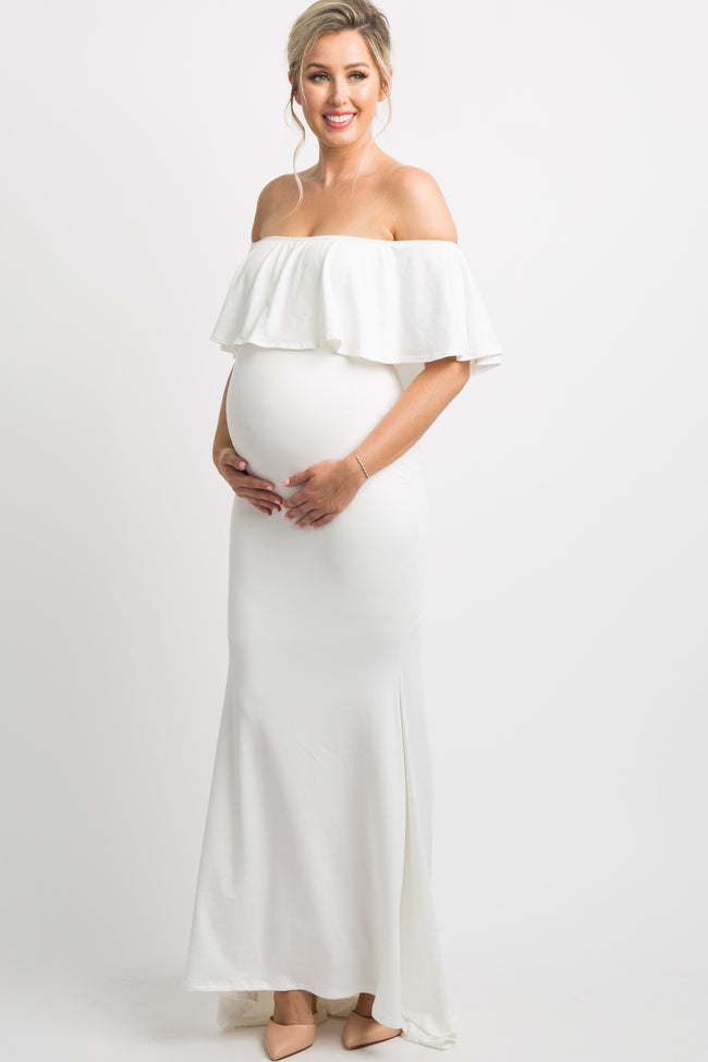 PinkBlush Ivory Ruffle Off Shoulder Mermaid Maternity Photoshoot Gown/