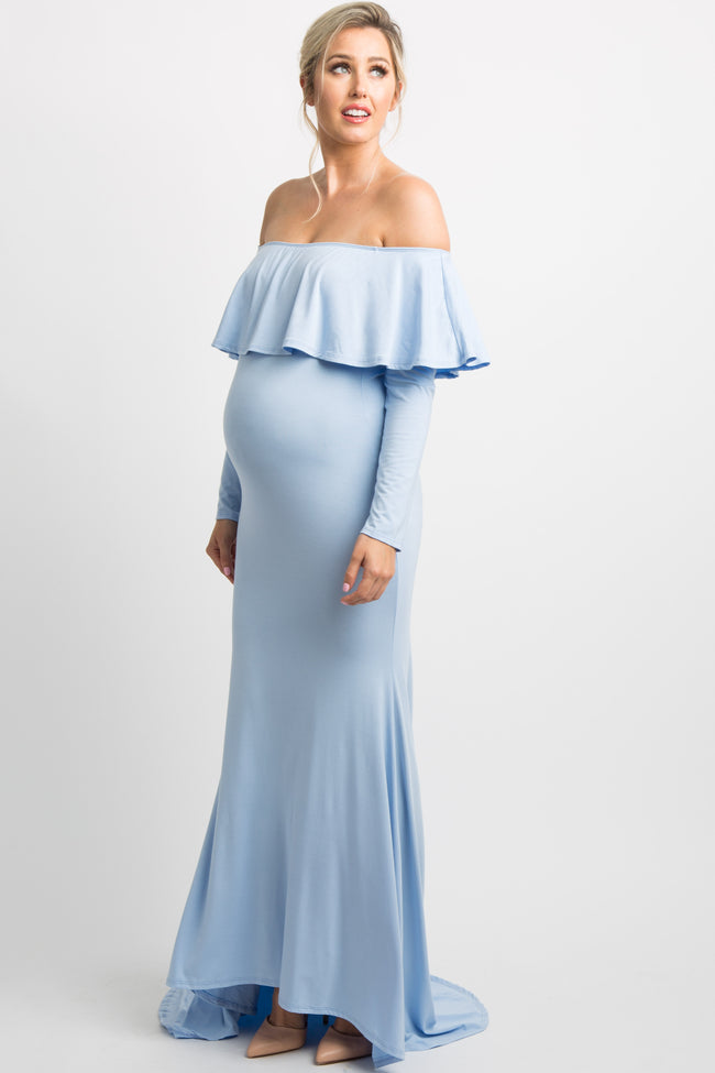 PinkBlush Light Blue Off Shoulder Ruffle Maternity Photoshoot Gown/Dre