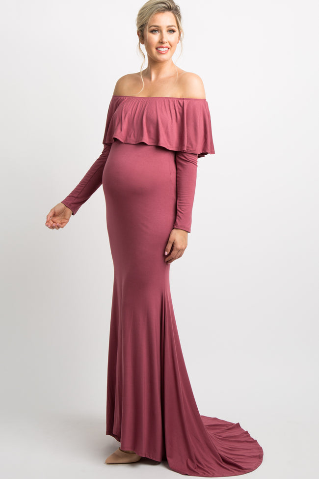 PinkBlush Dark Mauve Off Shoulder Ruffle Maternity Photoshoot Gown/Dre