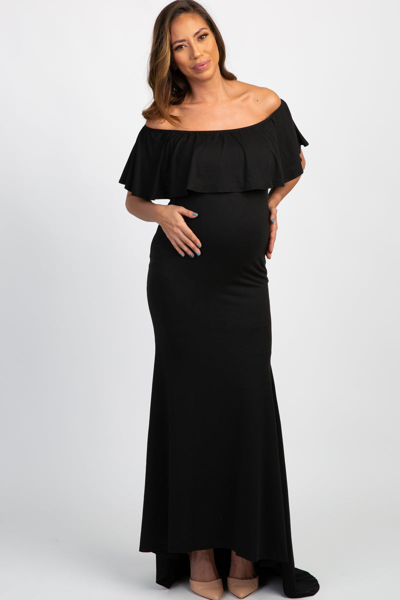 Black Ruffle Off Shoulder Mermaid Maternity Photoshoot Gown/Dress#R ...