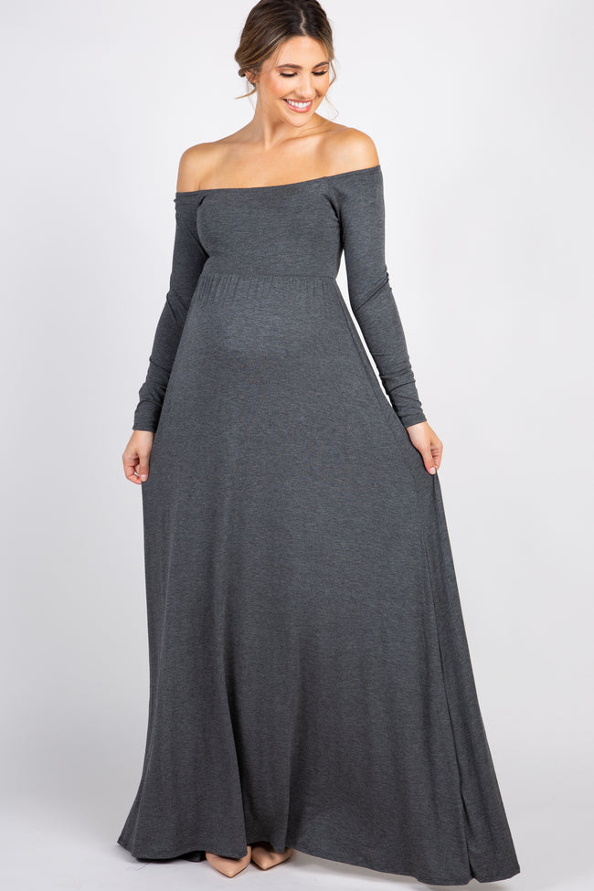 PinkBlush Charcoal Solid Off Shoulder Maternity Maxi Dress