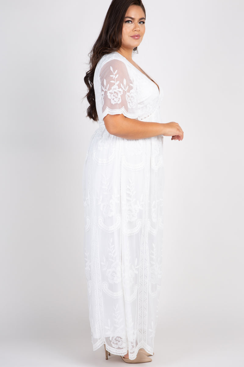 PinkBlush White Lace Mesh Overlay Plus Maxi Dress