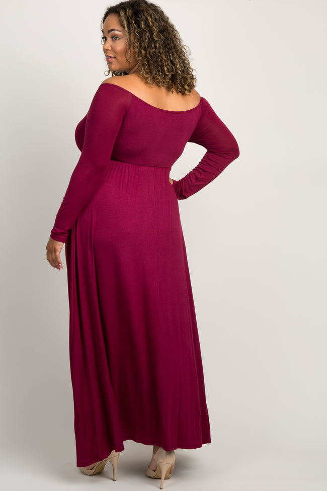 Pinkblush Burgundy Solid Off Shoulder Plus Maternity Maxi Dress 