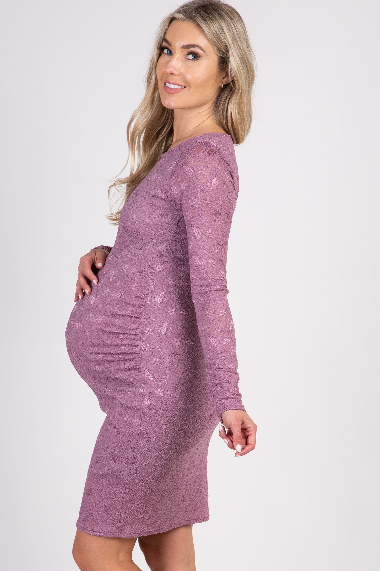 Mauve Lace Fitted Long Sleeve Maternity Dressr Pinkblush 