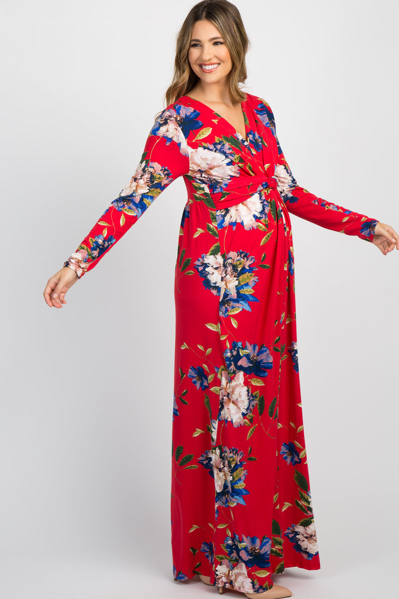 Red Floral Front Twist Long Sleeve Maternity Maxi Dress PinkBlush