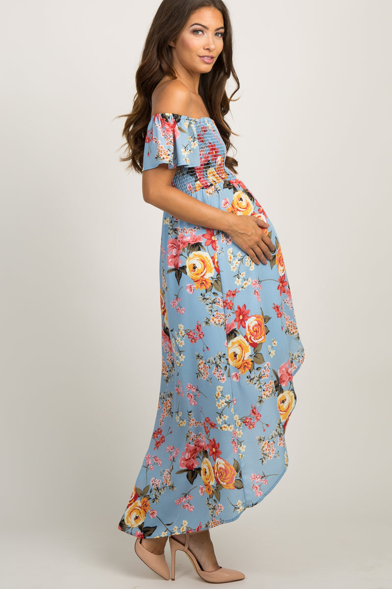 Light Blue Floral Off Shoulder Smocked Maternity Wrap Dress#R#– PinkBlush