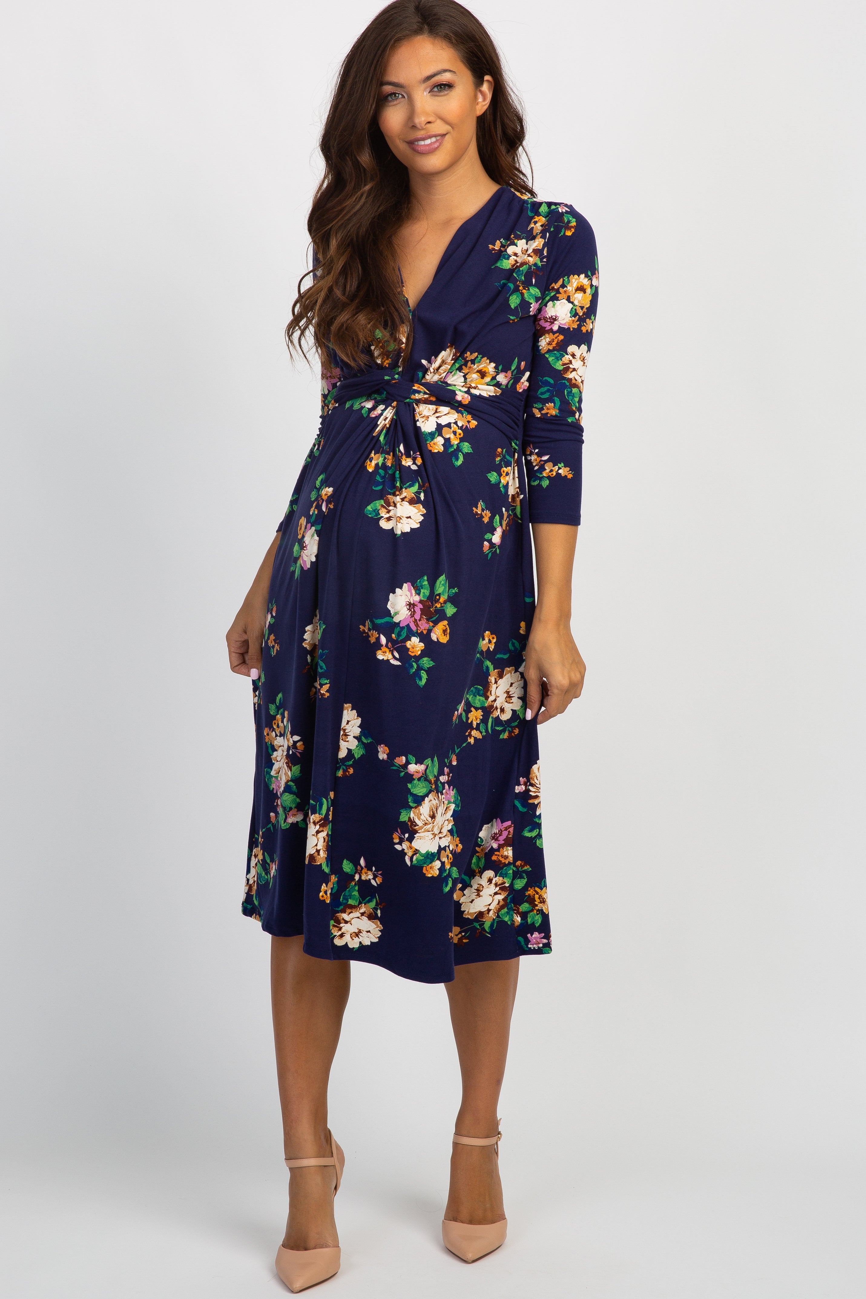 navy blue floral midi dress