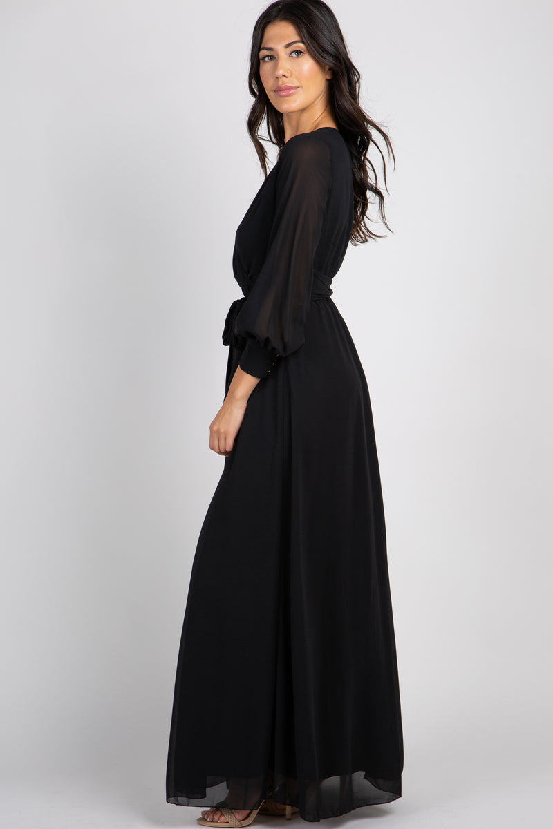 PinkBlush Black Chiffon Long Sleeve Pleated Maxi Dress