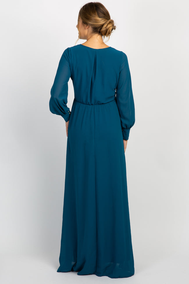 Teal Chiffon Long Sleeve Pleated Maternity Maxi Dress – PinkBlush