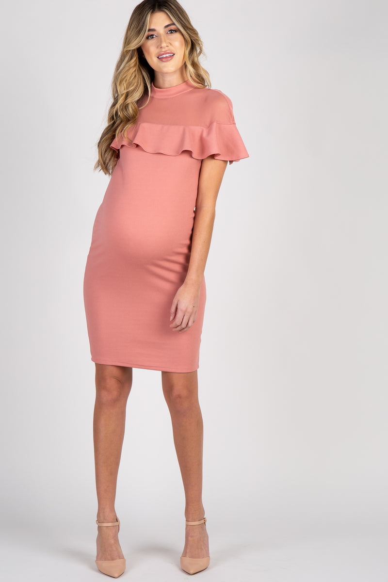 Mauve Mesh Accent Ruffle Trim Fitted Maternity Dress – PinkBlush