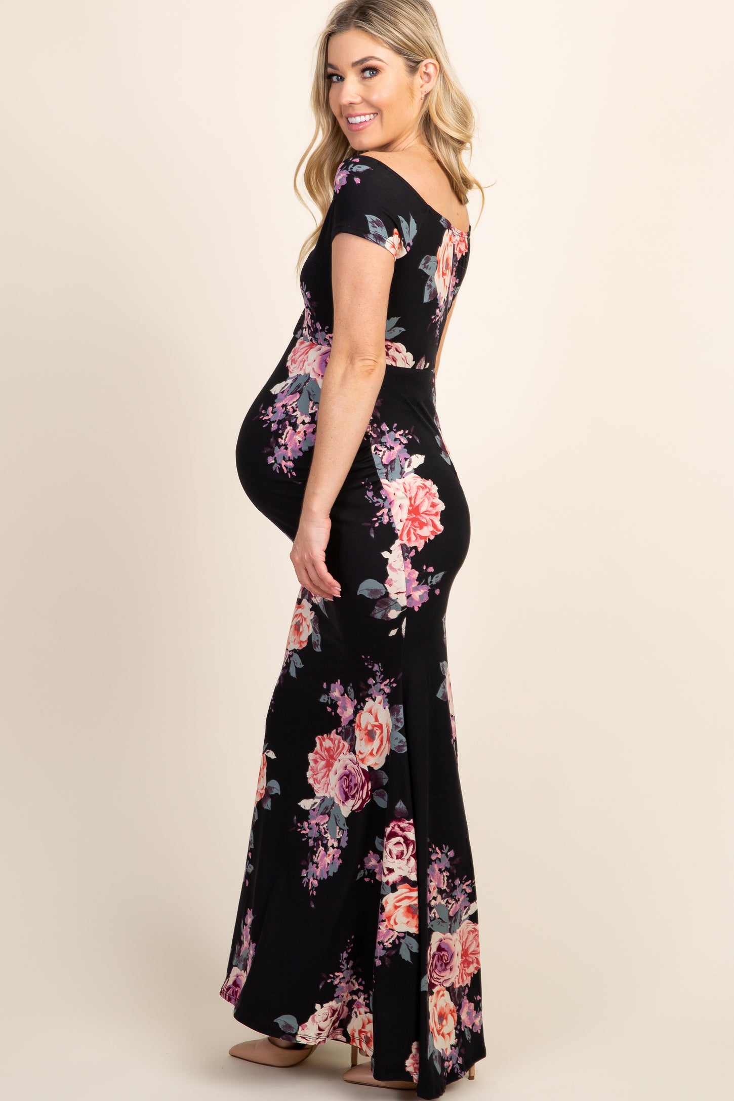 PinkBlush Black Rose Floral Off Shoulder Wrap Maternity Photoshoot Gow