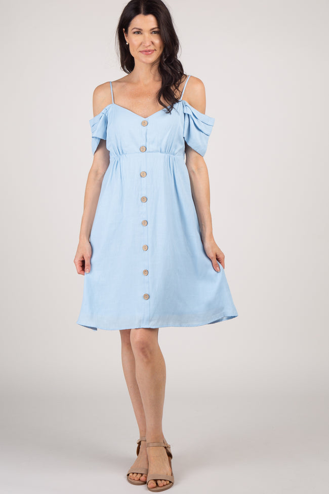 PinkBlush Light Blue Button Accent Open Shoulder Maternity Dress