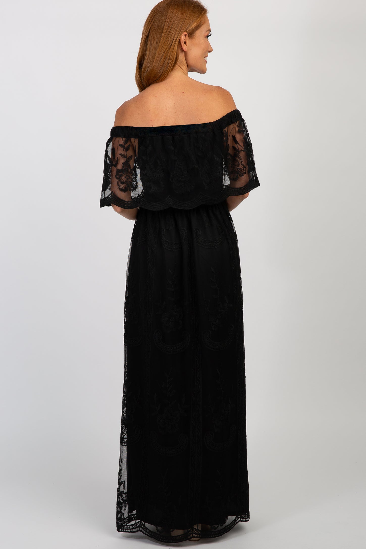 Black Lace Mesh Overlay Off Shoulder Maxi Dress