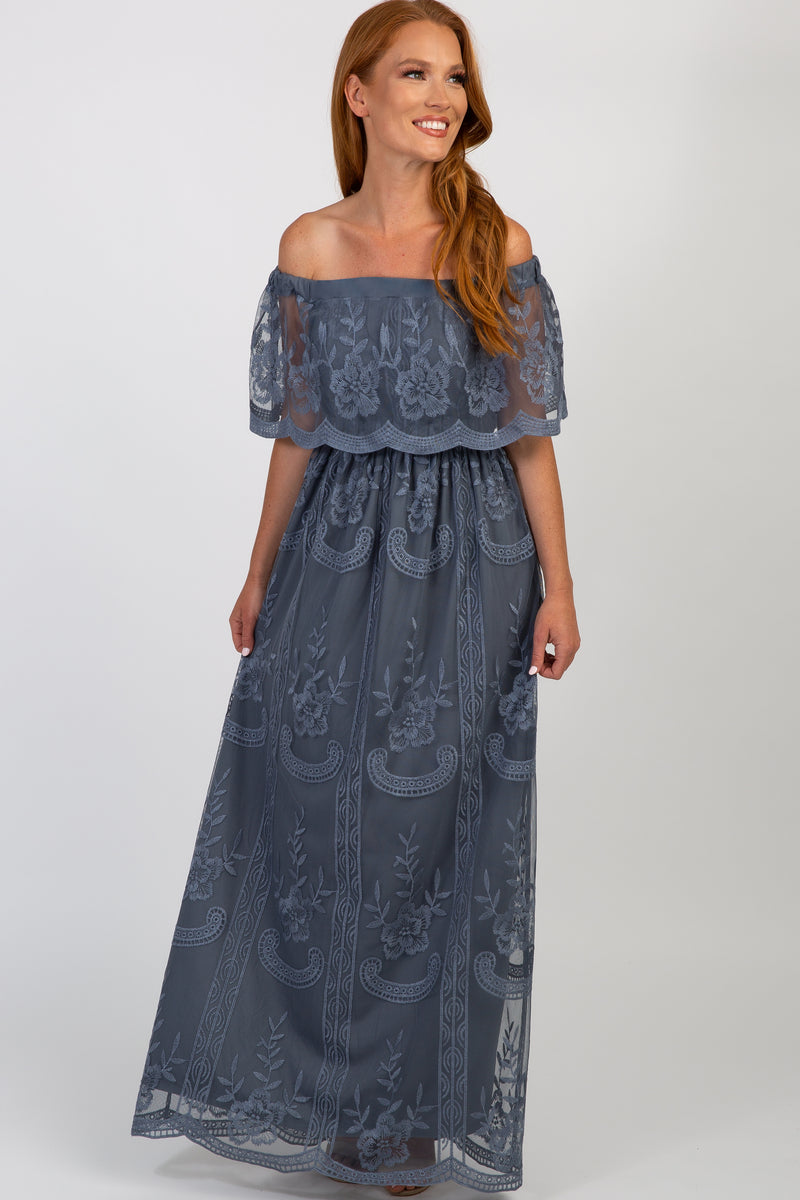 Blue Lace Mesh Overlay Off Shoulder Maxi Dress#R#– PinkBlush