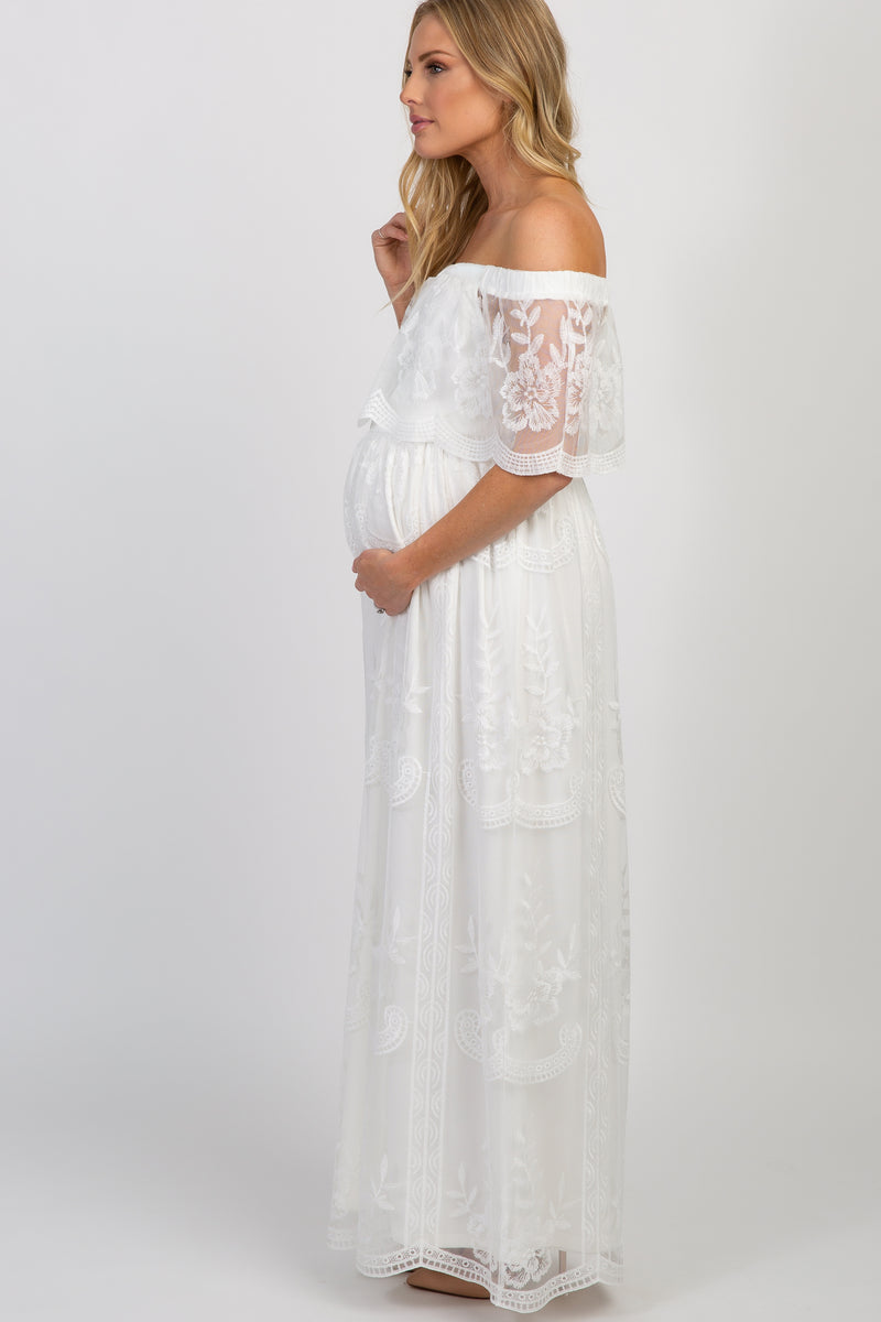 White Lace Mesh Overlay Off Shoulder Maternity Maxi Dress#R#– PinkBlush