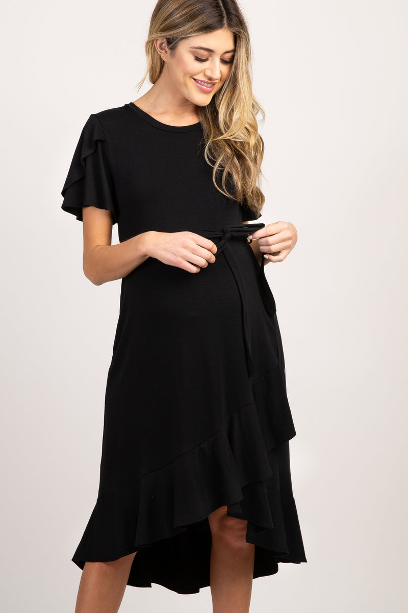 PinkBlush Black Ruffle Trim Hi-Low Wrap Maternity Dress