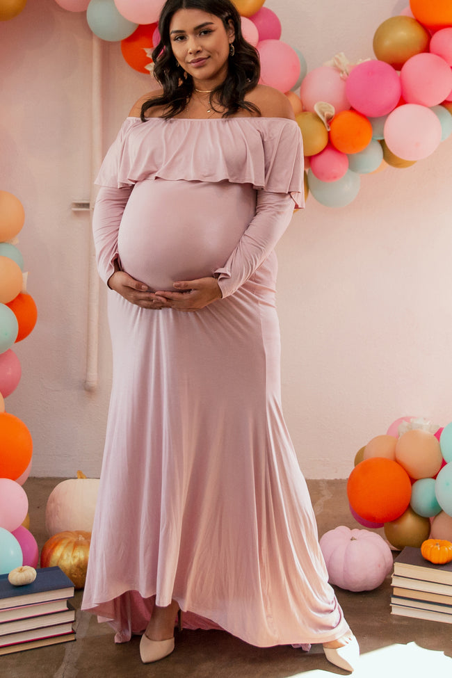 Pinkblush Mauve Off Shoulder Ruffle Maternity Plus Photoshoot Gowndre 