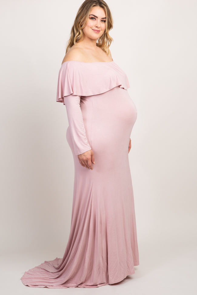 Pinkblush Mauve Off Shoulder Ruffle Maternity Plus Photoshoot Gowndre 