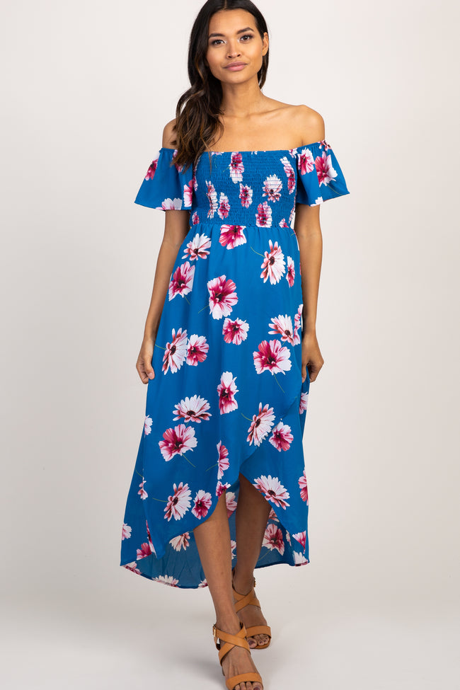 Blue Floral Smocked Off Shoulder Maternity Dress – PinkBlush