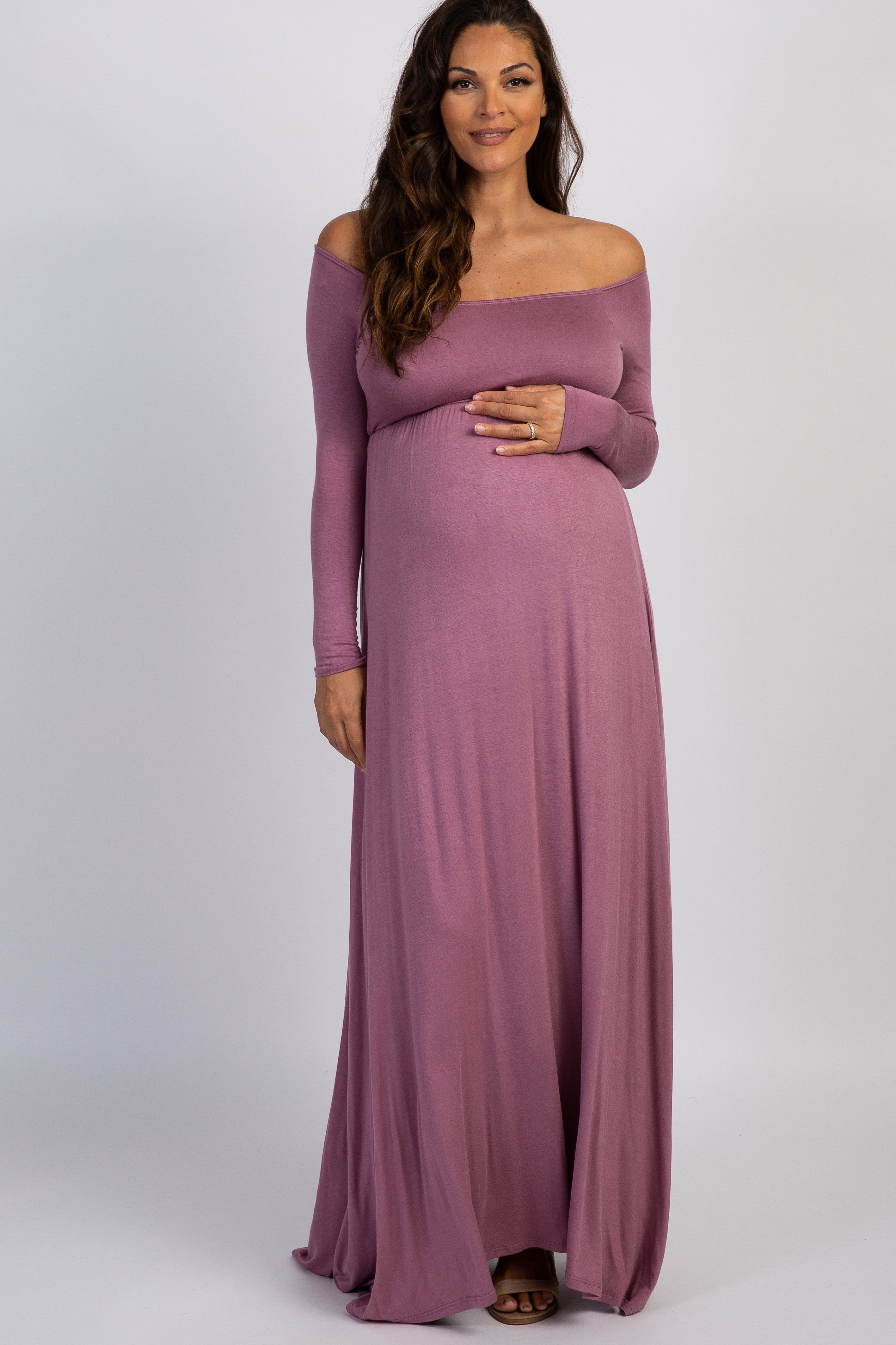 PinkBlush Mauve Solid Off Shoulder Maternity Maxi Dress