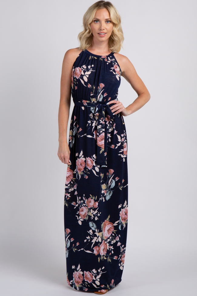 Navy Floral Halter Neckline Maxi Dress – PinkBlush