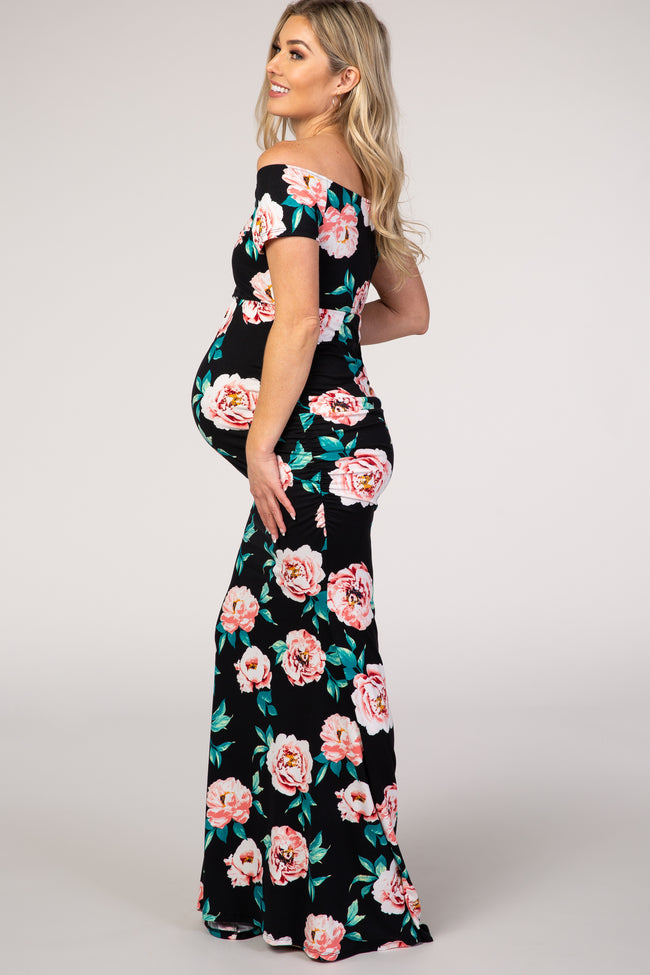 PinkBlush Black Floral Off Shoulder Wrap Maternity Photoshoot Gown/Dre