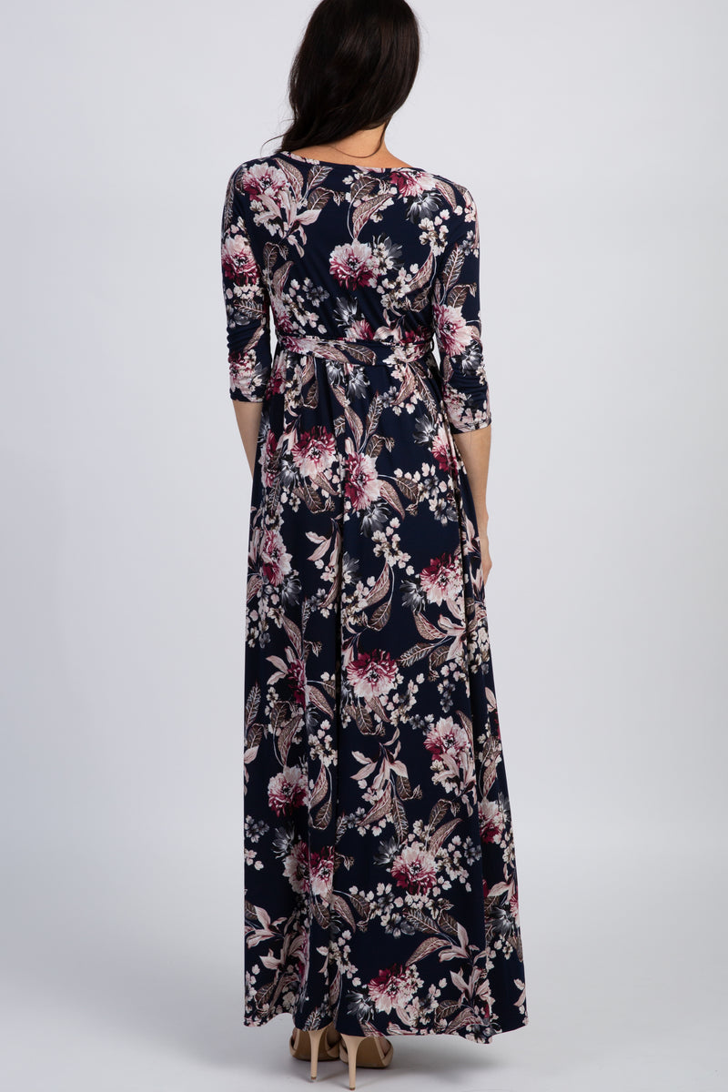 Navy Floral Leaf Print Wrap Maxi Dress – PinkBlush