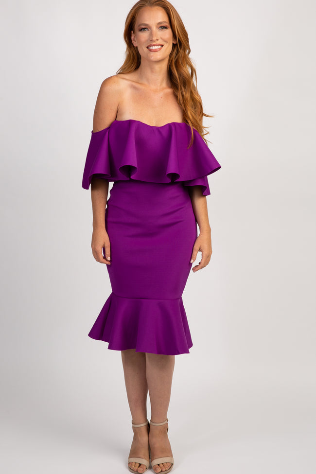 purple off shoulder gown