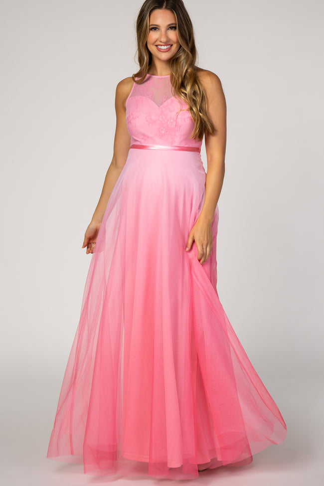 Pink Tulle Ombre Mesh Maternity Evening Gown – PinkBlush