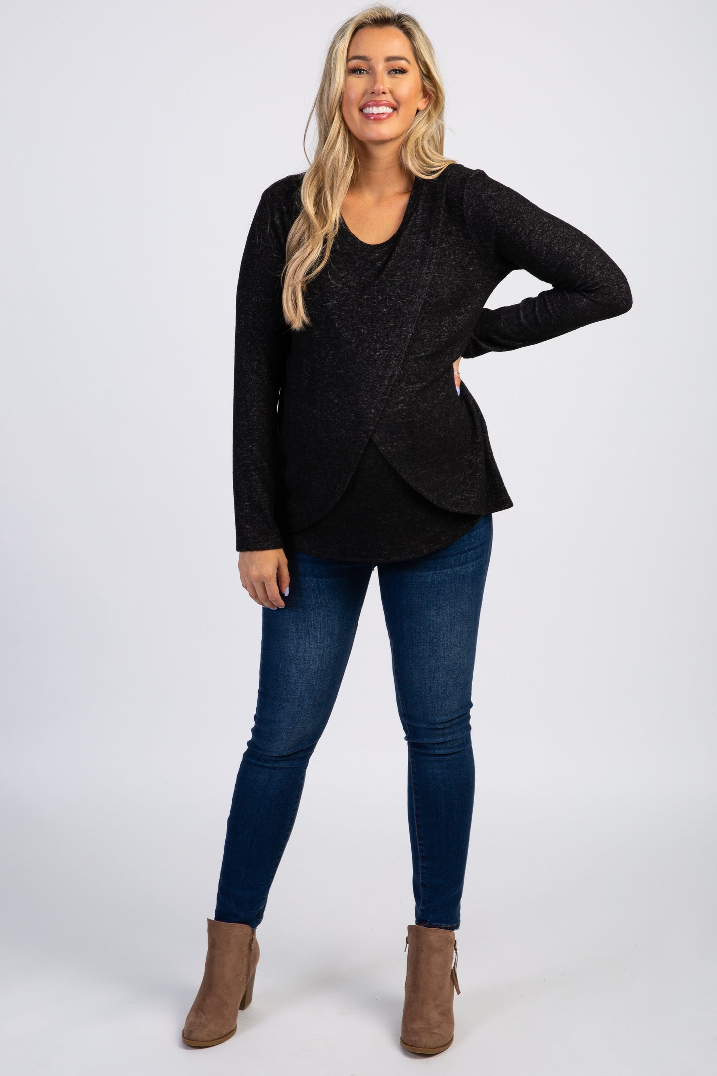 Pinkblush Black Heathered Long Sleeve Wrap Maternity Nursing Top 