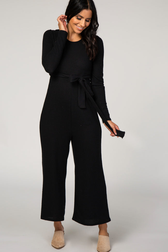 Black Ribbed Knit Long Sleeve Wide Leg Maternity Jumpsuit – PinkBlush