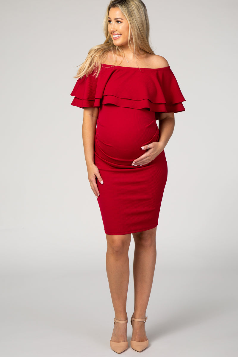 Red Ruffle Off Shoulder Ruched Maternity Dress Pinkblush 