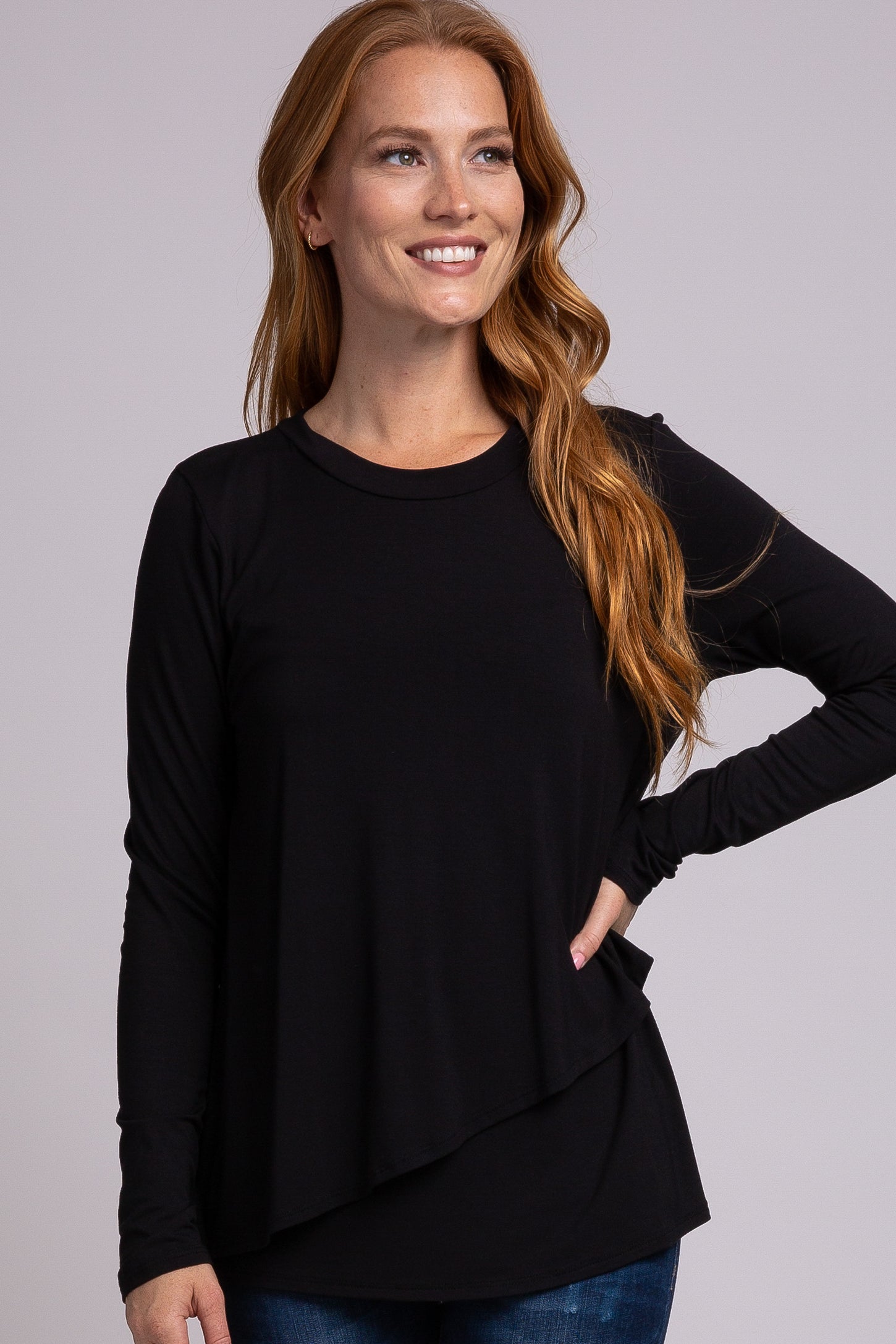 PinkBlush Black Solid Layered Front Long Sleeve Maternity/Nursing Top