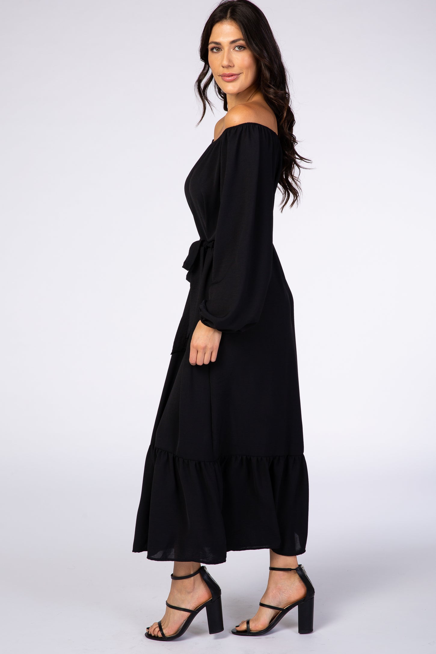 Black Long Sleeve Chiffon Tie Waist Ruffle Bottom Dress – PinkBlush