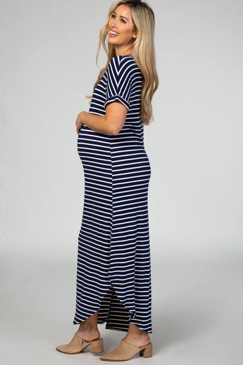 Navy Striped Short Sleeve Side Slit Maternity Maxi Dress – PinkBlush