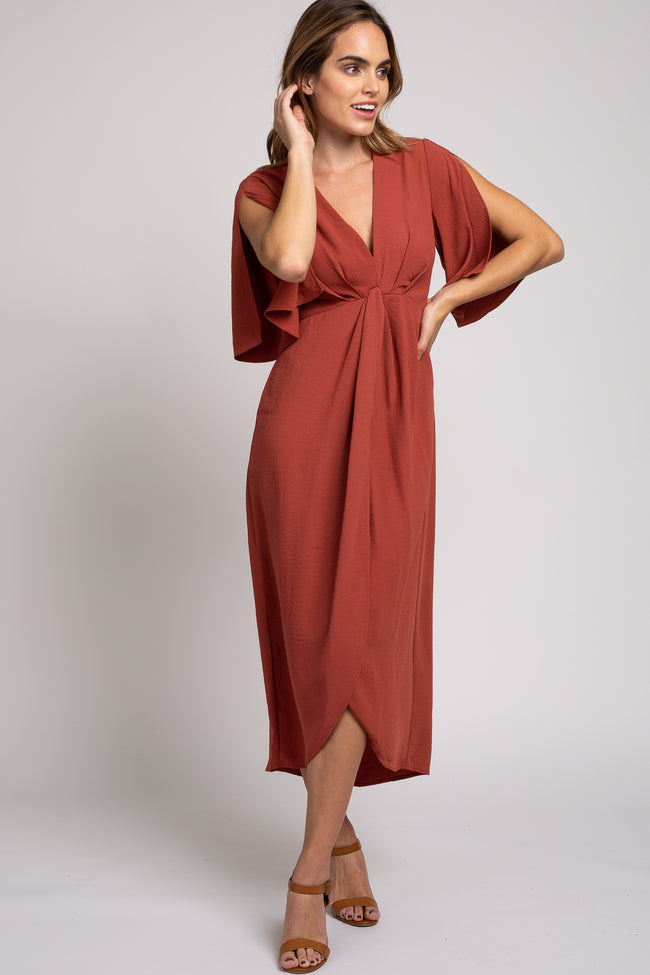 Rust Open Sleeve Maternity Wrap Midi Dress – PinkBlush