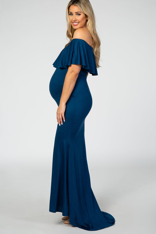 PinkBlush Teal Ruffle Off Shoulder Mermaid Maternity Photoshoot Gown/D