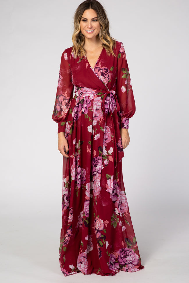 pleated floral chiffon maxi dress