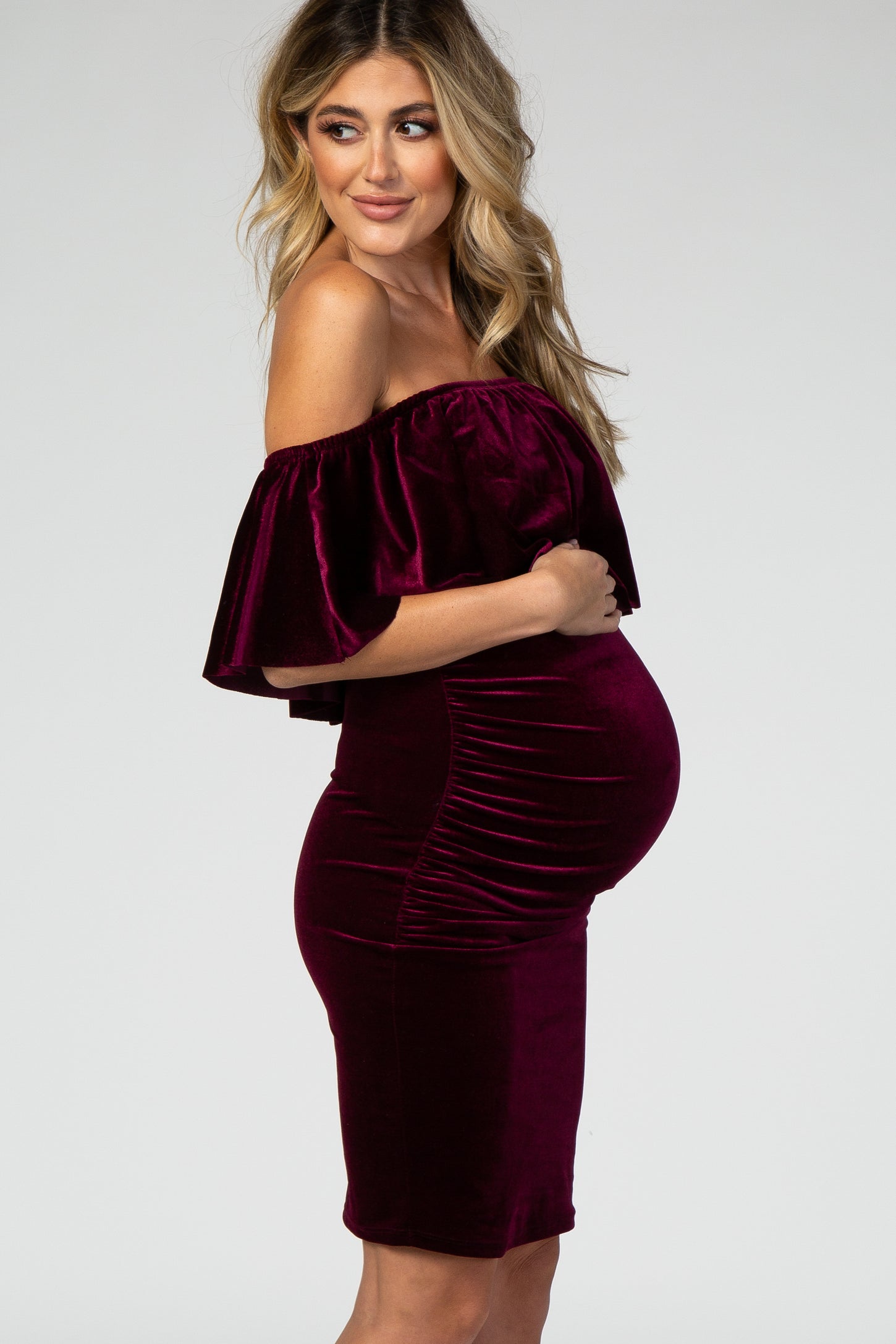 Burgundy Velvet Off Shoulder Fitted Maternity Dress – PinkBlush