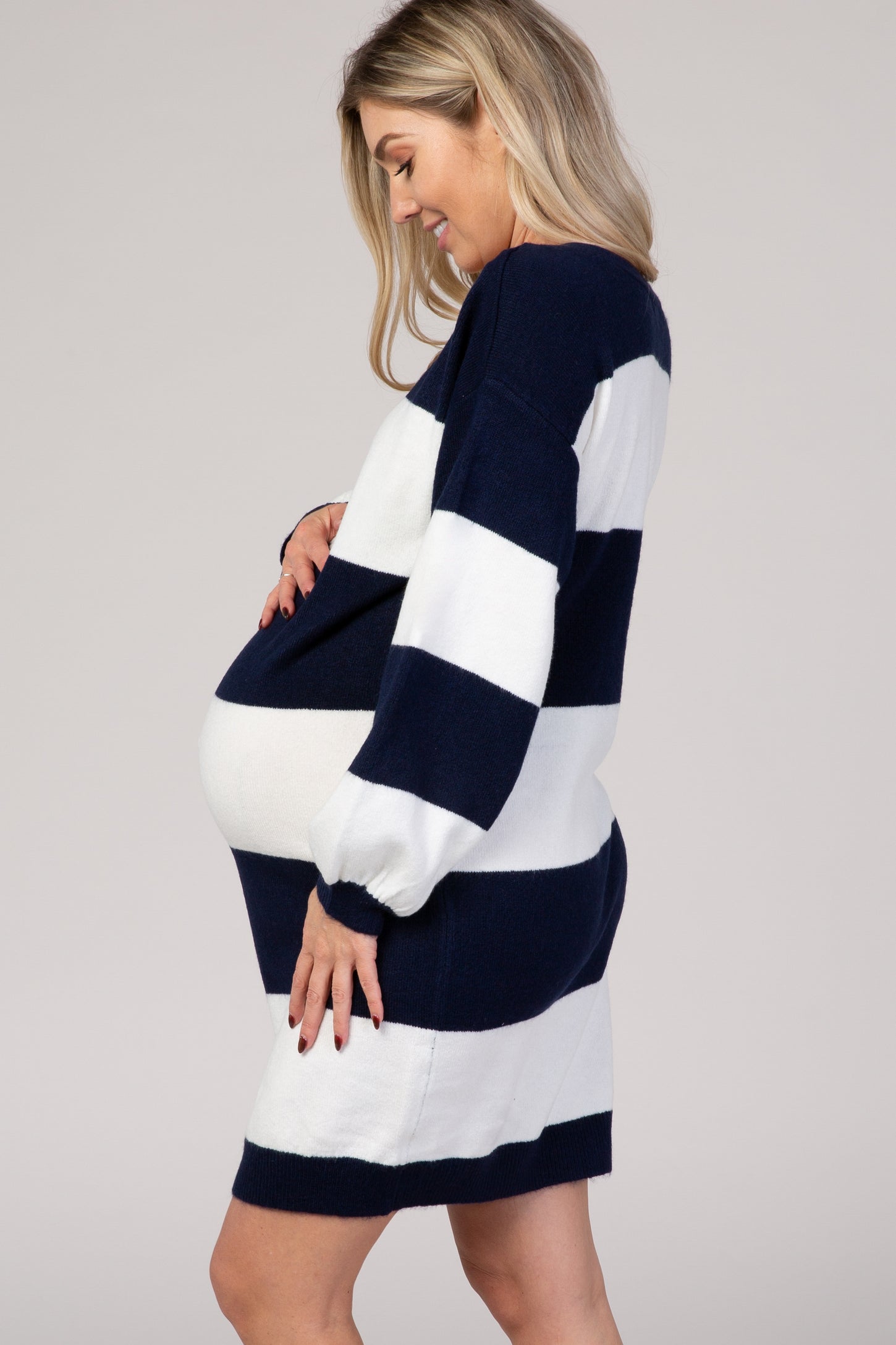 Navy Blue Large Striped Long Bubble Sleeve Knit Maternity Sweater Dress