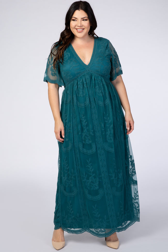 PinkBlush Teal Lace Mesh Overlay Plus Maxi Dress