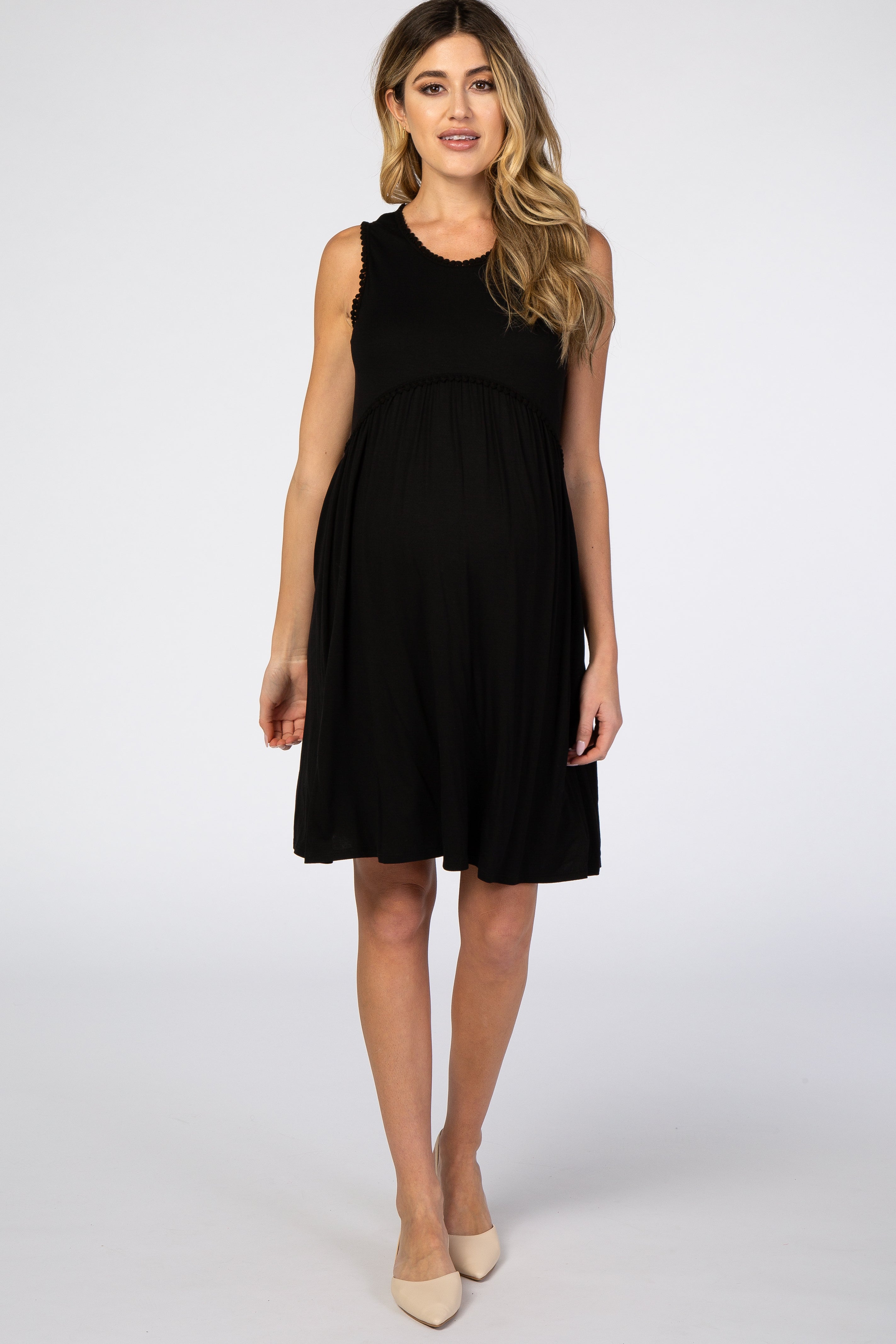 PinkBlush Black Sleeveless Round Neck Pom Pom Detail Maternity Dress